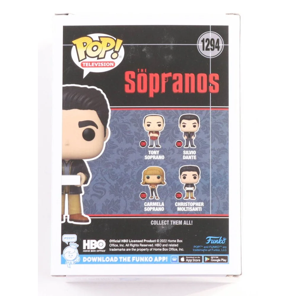 Back of a Pop Television The Sopranos collectible box featuring Michael Imperioli signed Christopher Moltisanti vinyl figure