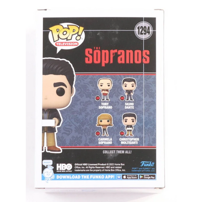 Back of a Pop Television The Sopranos collectible box featuring Michael Imperioli signed Christopher Moltisanti vinyl figure