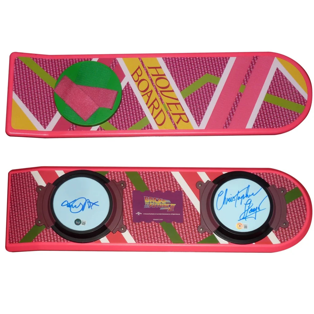 Pink and green Back to the Future II hover board autographed by Michael J. Fox and Christopher Lloyd
