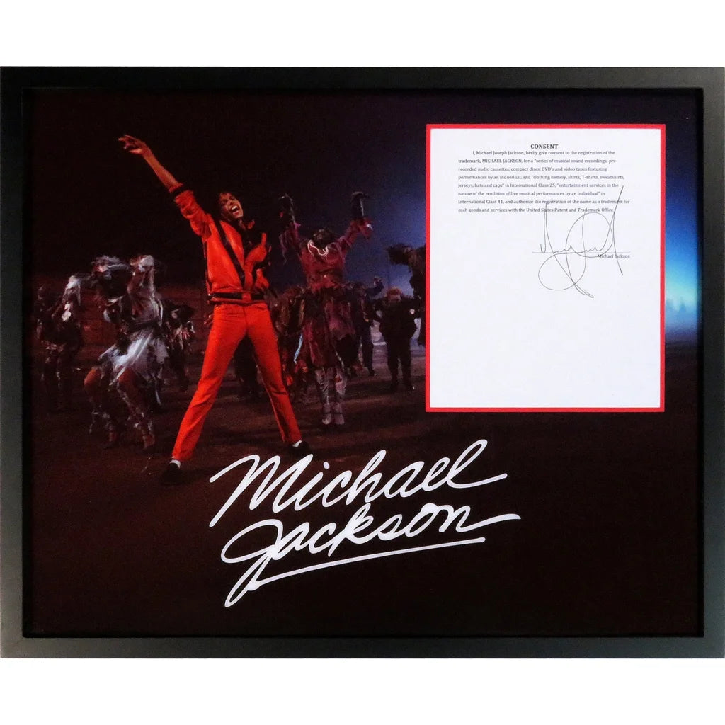 Michael Jackson autographed contract framed display in red jumpsuit