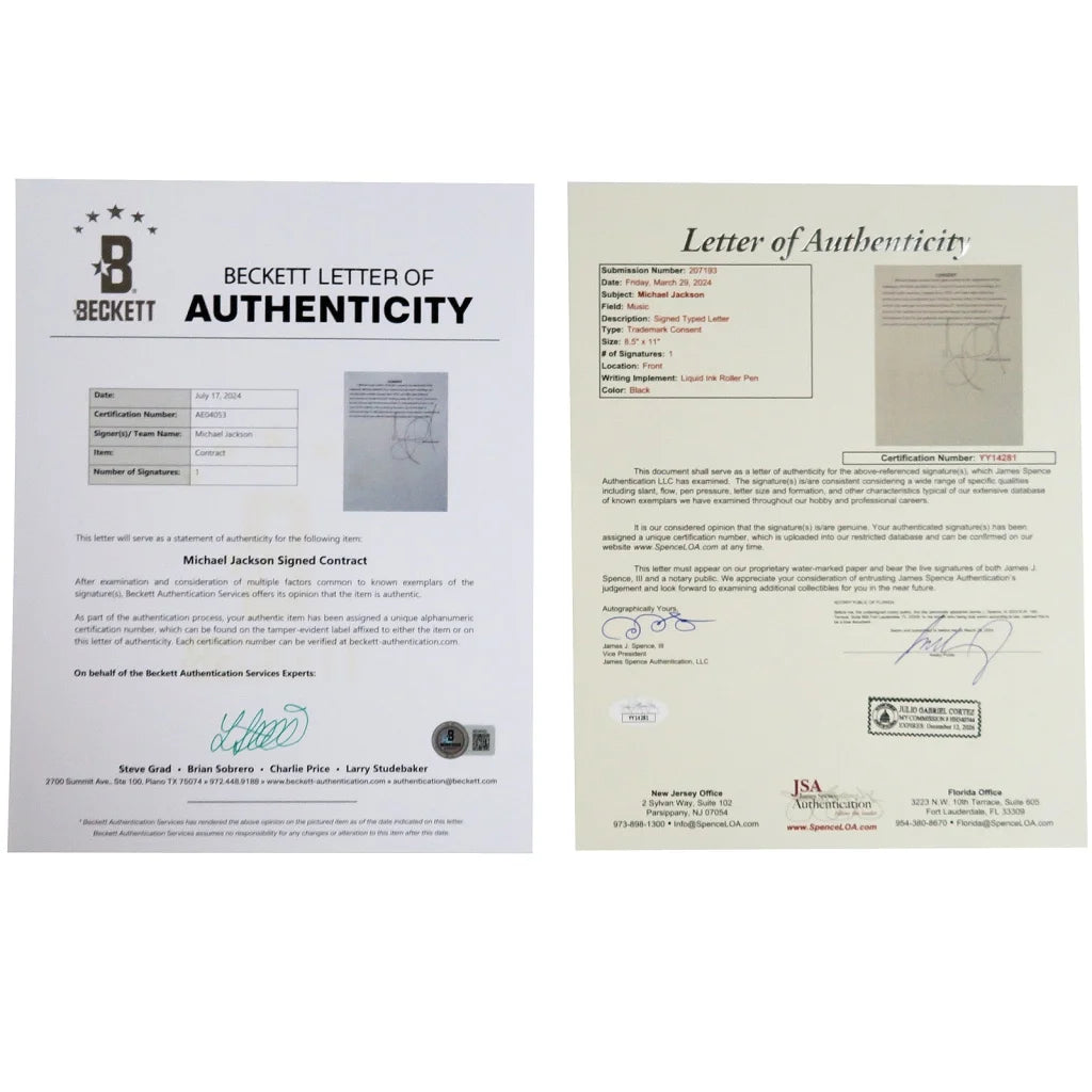 Michael Jackson autographed contract with Beckett authenticity certificate