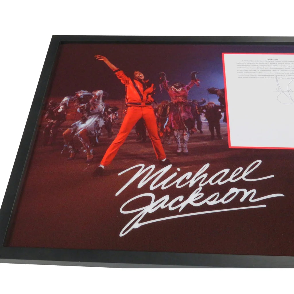 Framed Michael Jackson autographed contract display with signed poster