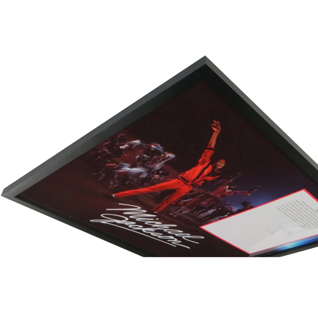 Framed Michael Jackson autographed contract display with signed poster