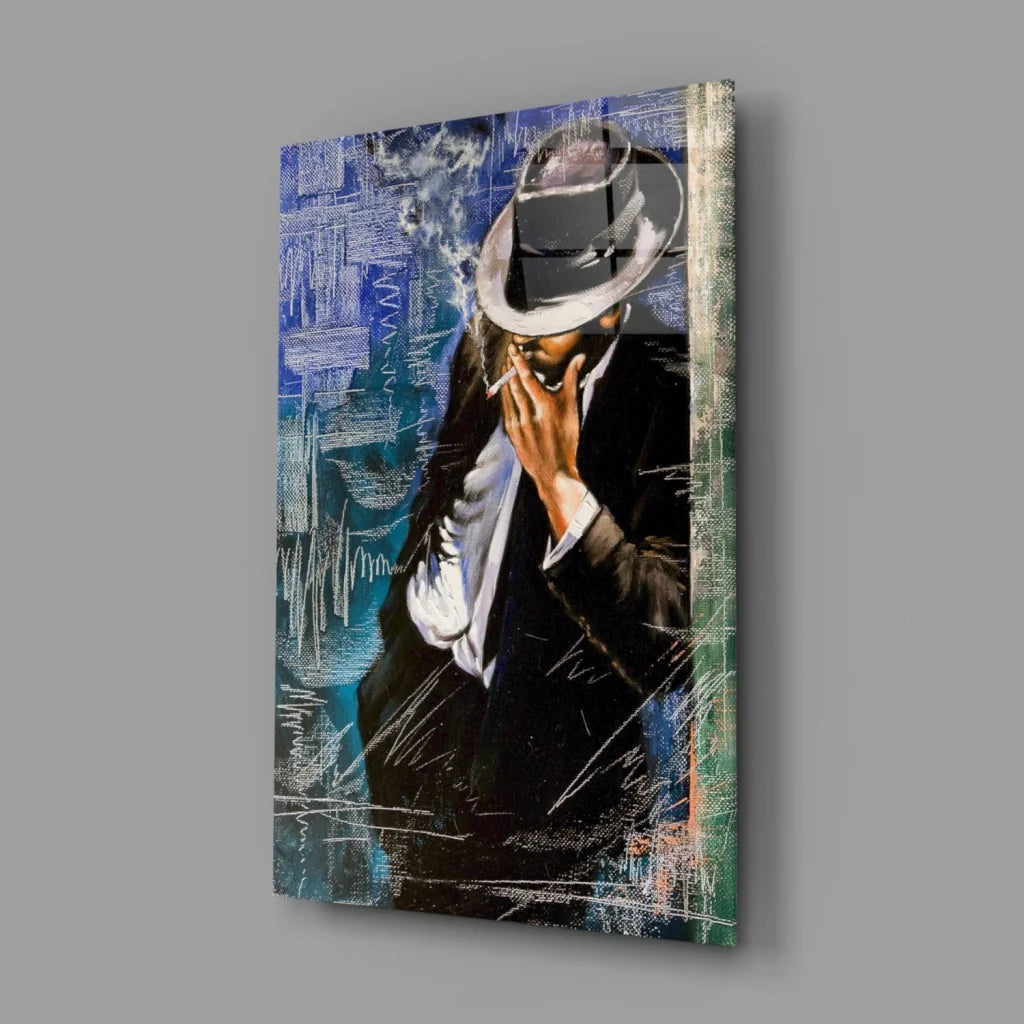 Stylish Michael Jackson fedora wall art print on abstract blue canvas