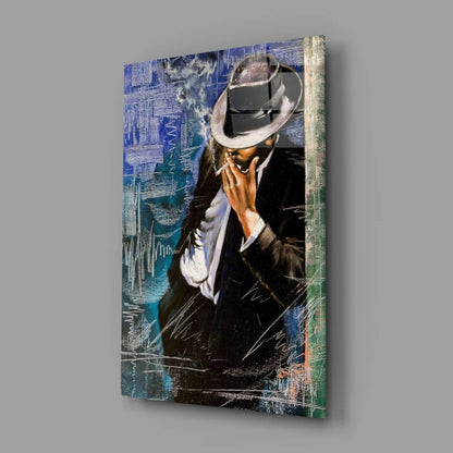 Stylish Michael Jackson fedora wall art print on abstract blue canvas