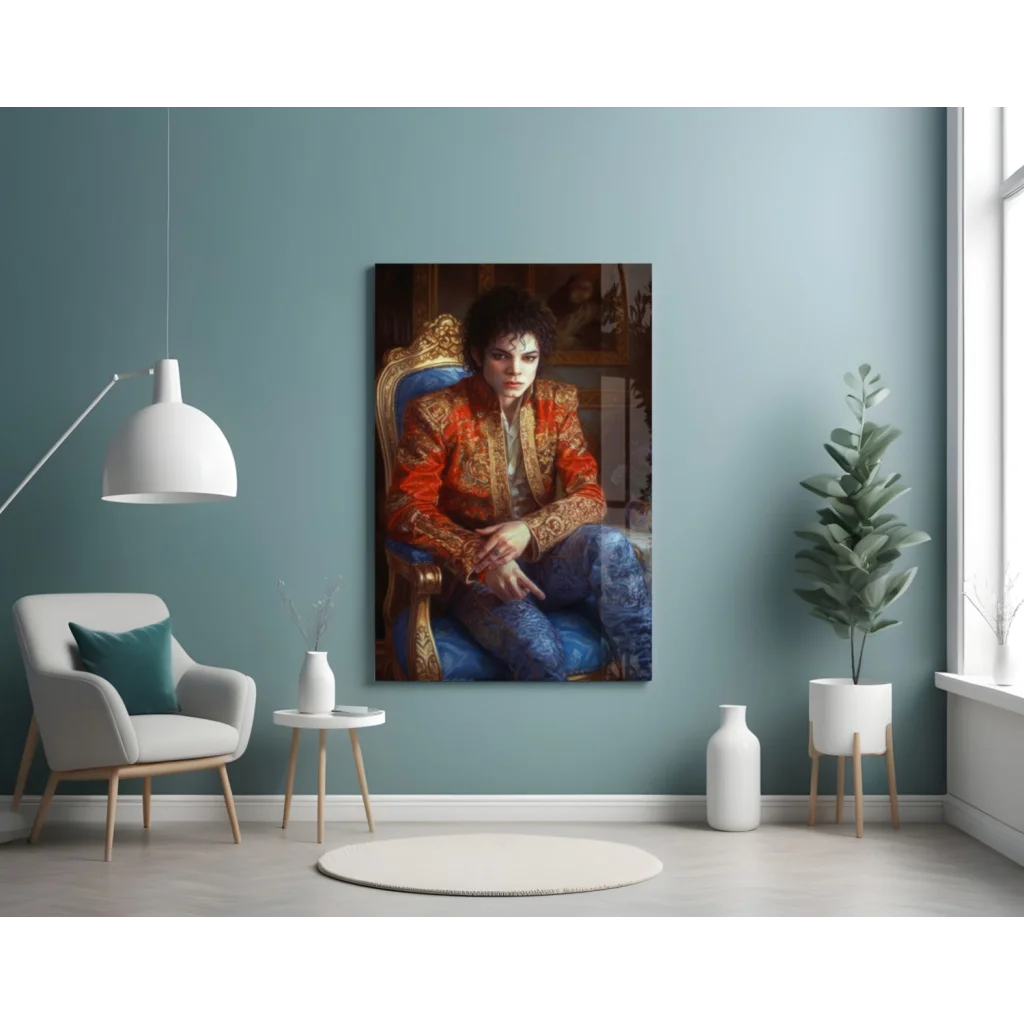 Michael Jackson on ornate throne in vibrant orange gold jacket glass wall art
