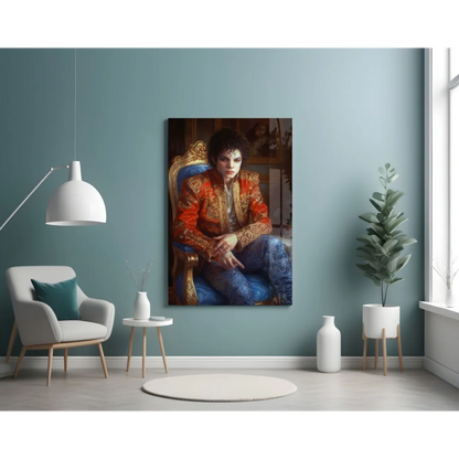 Michael Jackson on ornate throne in vibrant orange gold jacket glass wall art