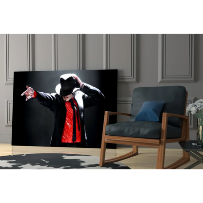 Black and red Michael Jackson glass wall art print in dynamic fedora pose