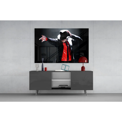 Sleek black-and-red Michael Jackson glass wall art in iconic pose