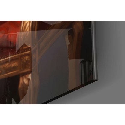 Stunning glass wall art print in silver frame with abstract reds and golds