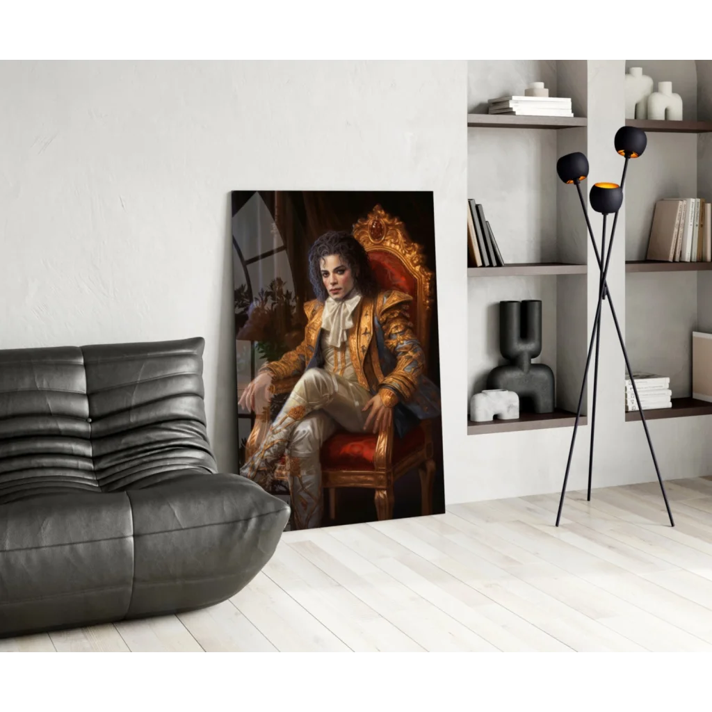 18th-century man in ornate coat on throne, glass wall art print