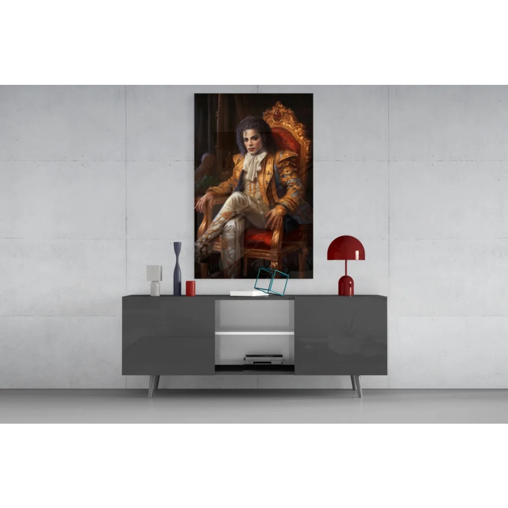 Opulent portrait glass wall art print of man on red throne