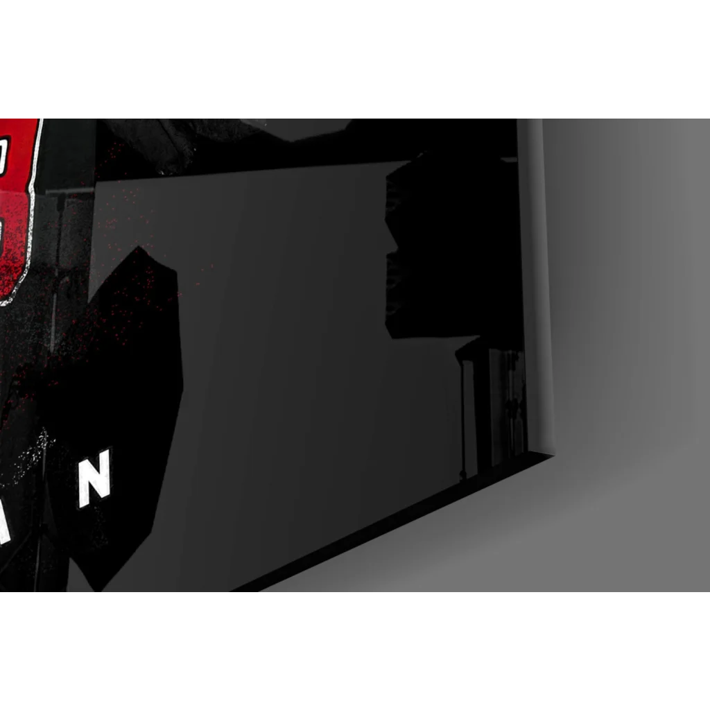 Michael Jordan Bulls 23 black glossy glass wall art with red white lettering