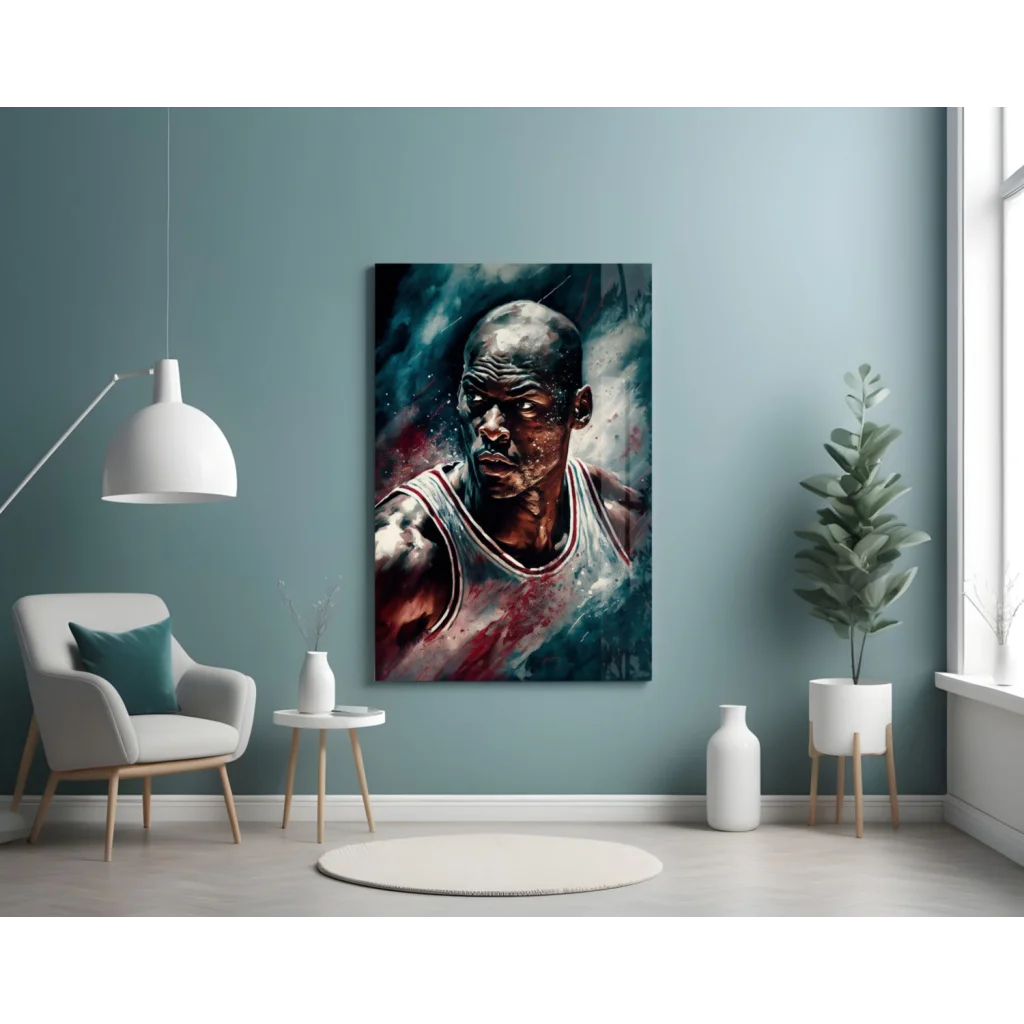 Vibrant Michael Jordan glass wall art portrait in white jersey
