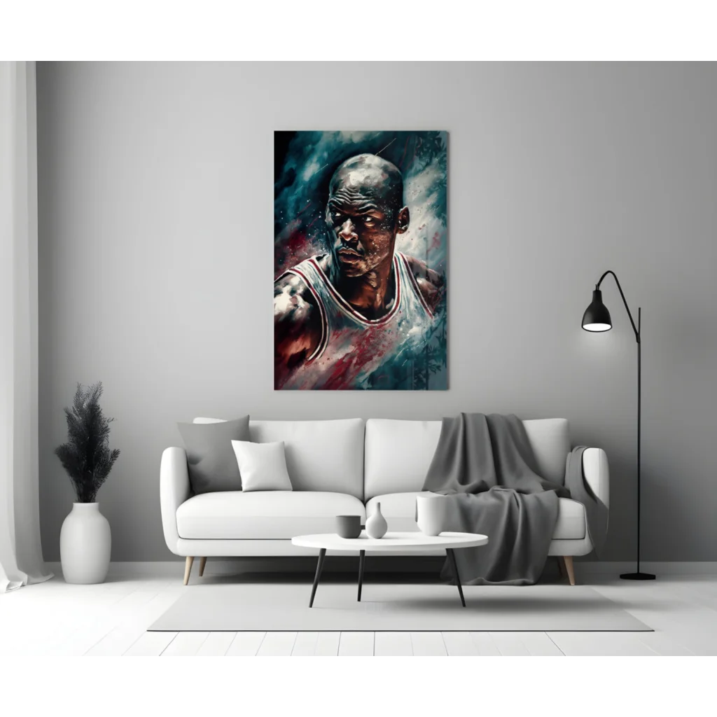 Vibrant Michael Jordan glass wall art portrait in basketball jersey