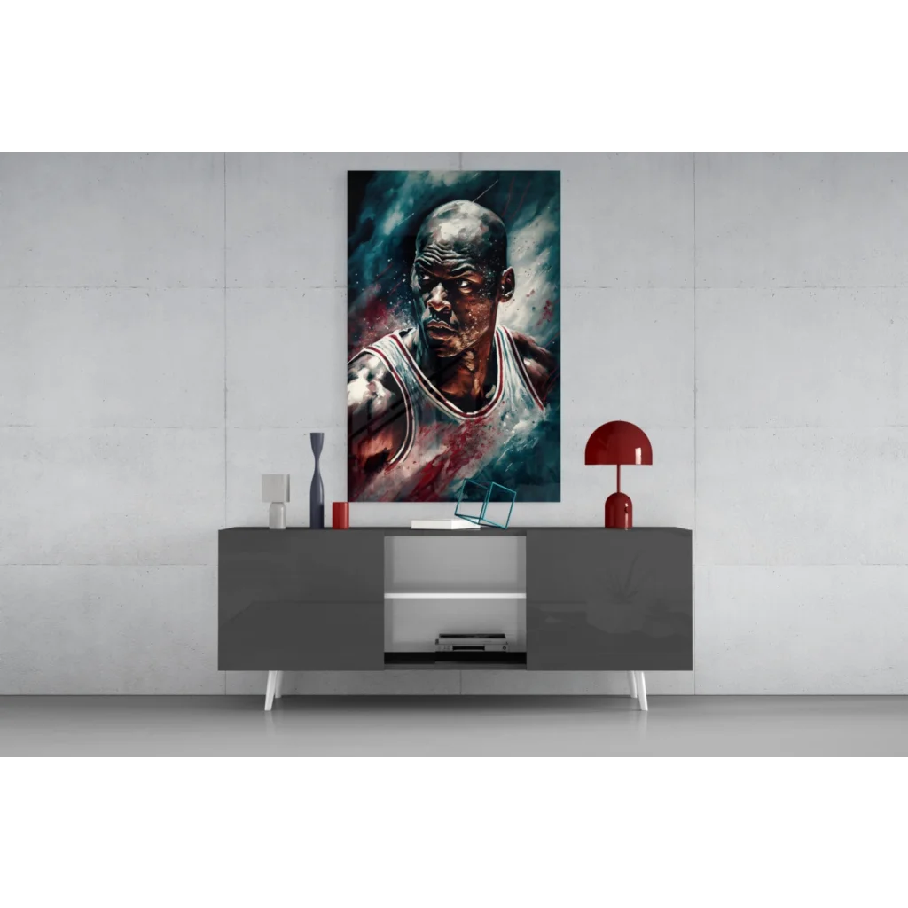 Vibrant Michael Jordan glass wall art portrait in white jersey with red teal splashes
