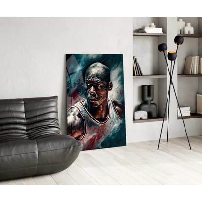 Vibrant Michael Jordan glass wall art portrait in white jersey