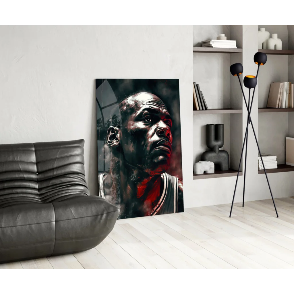 Bold black-and-red Michael Jordan glass wall art portrait canvas