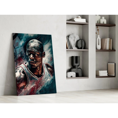 Vibrant Michael Jordan glass wall art portrait in basketball jersey