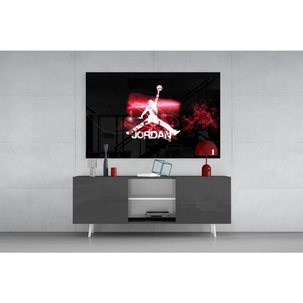 Sleek Michael Jordan silhouette wall art poster with red glow on black background