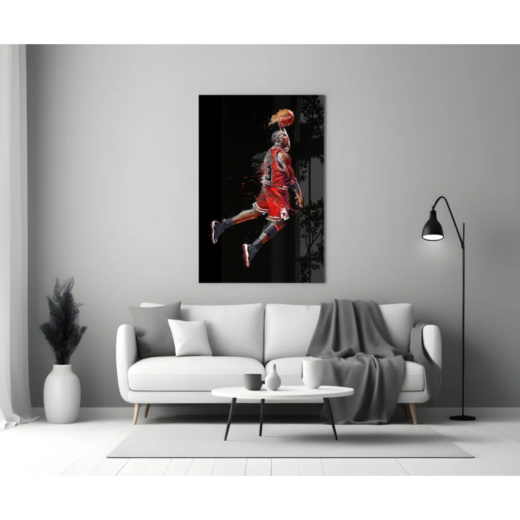 Vibrant slam dunk basketball glass wall art print