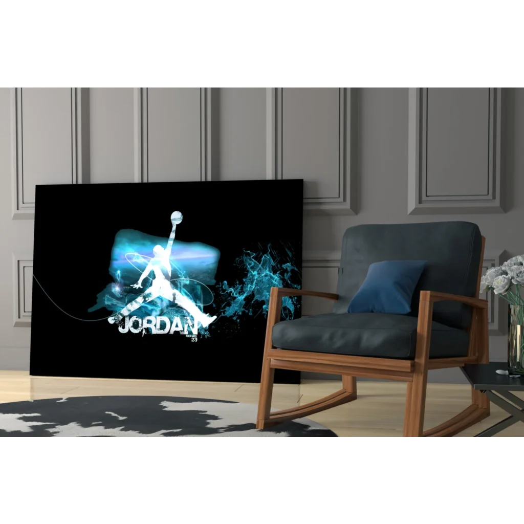 Glowing blue Jordan Jumpman silhouette on black canvas wall art