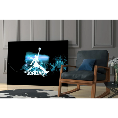 Glowing blue Jordan Jumpman silhouette on black canvas wall art