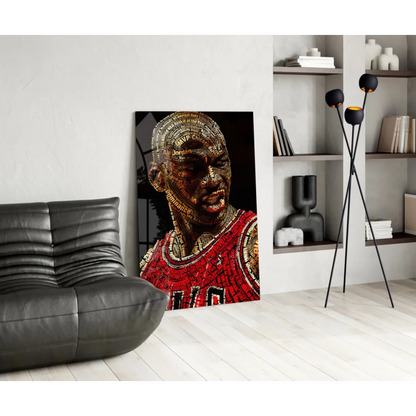 Stylized Michael Jordan wall art canvas print in black and red with golden text jersey