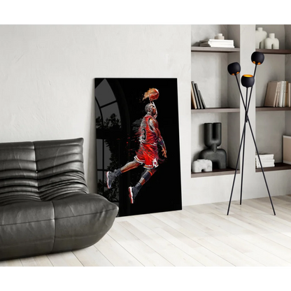 Dynamic Michael Jordan dunk in red Bulls jersey on black-framed glass wall art