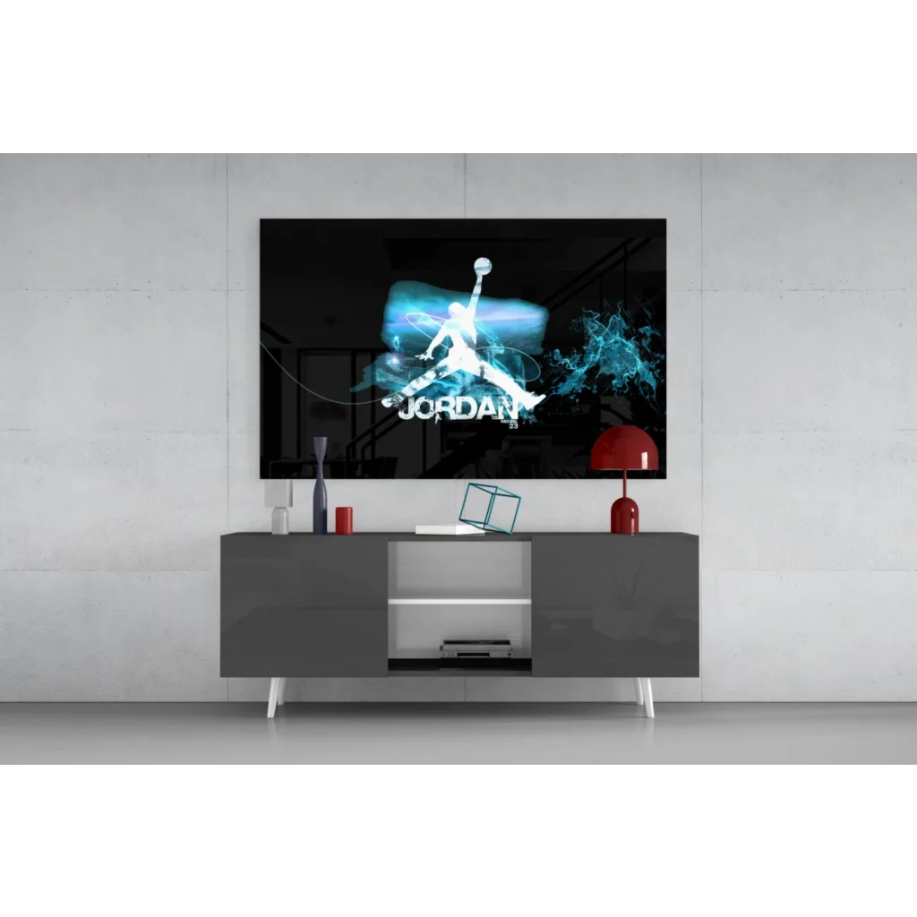Jordan Jumpman Glow Electric Blue glass wall art poster