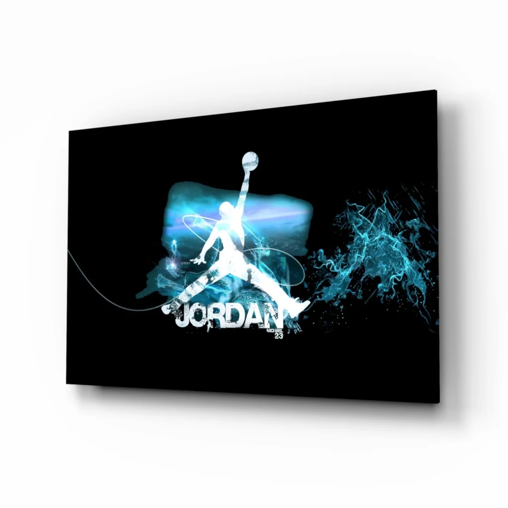 Glowing Michael Jordan silhouette on black canvas wall art with blue energy