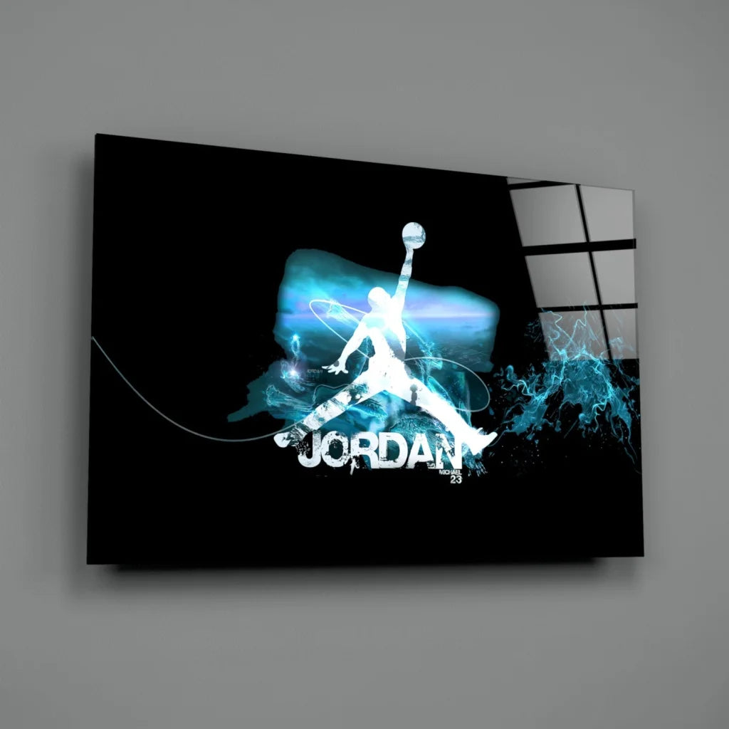 Sleek Jordan Jumpman glow electric blue canvas wall art silhouette