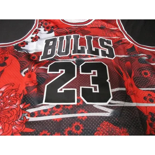 Red and black Chicago Bulls jersey with rabbit and floral pattern, michael jordan signed