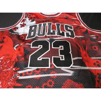 Red and black Chicago Bulls jersey with rabbit and floral pattern, michael jordan signed