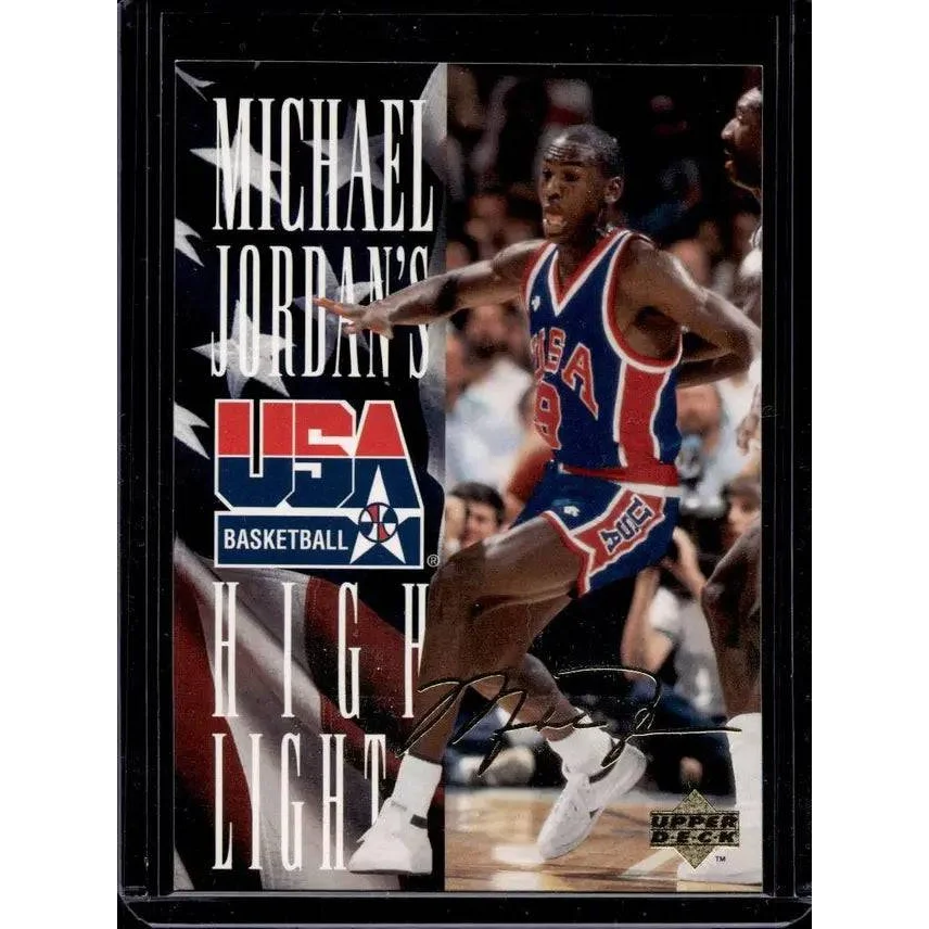 Michael Jordan Upper Deck USA Gold Signature trading card featuring 1992 highlight artwork