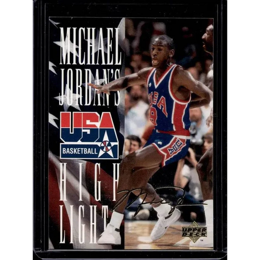Michael Jordan Upper Deck USA Gold Signature trading card featuring 1992 highlight artwork