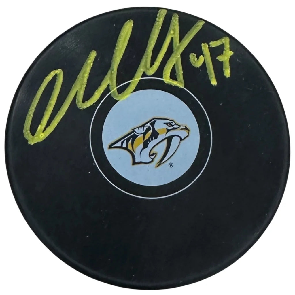 Michael McCarron autographed Nashville Predators hockey puck with tiger logo
