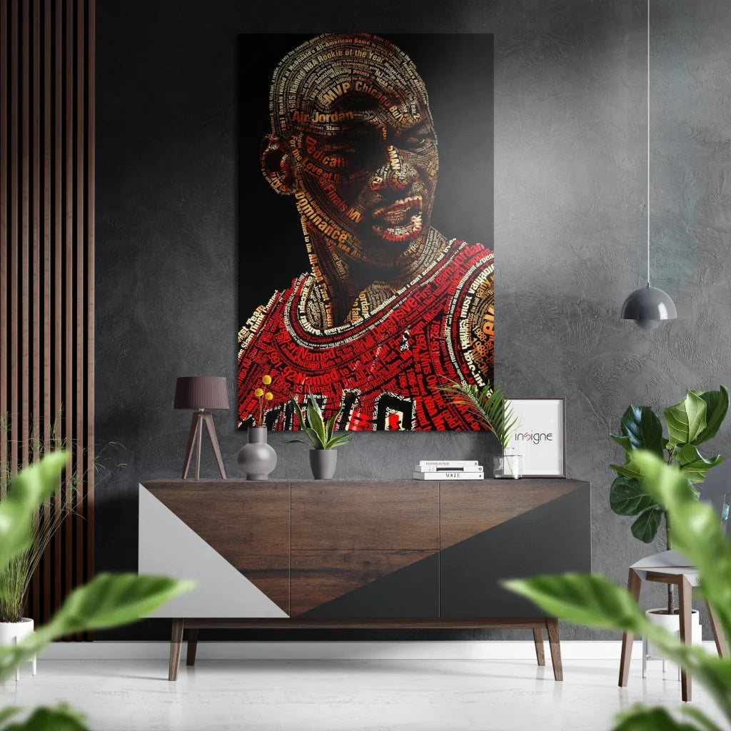Black-and-red Michael Jordan typography portrait on brushed aluminium dibond