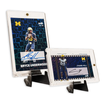 Clear acrylic holder with black stand for Michigan Football trading cards single pack