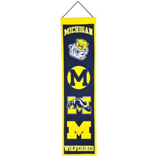 Michigan Wolverines heritage banner with logo evolution in navy blue and yellow