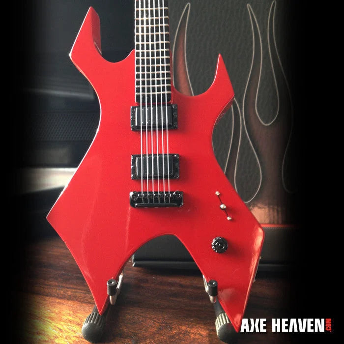 Mick Thompson Red Warlock Miniature Guitar by Axe Heaven® on adjustable A-frame stand