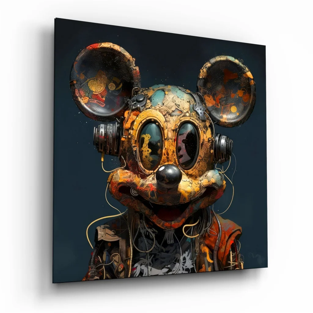 Steampunk Mickey Mouse tempered glass art print with brass tones