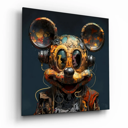 Steampunk Mickey Mouse tempered glass art print with brass tones