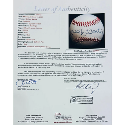 Mickey Mantle autographed official baseball with JSA cert