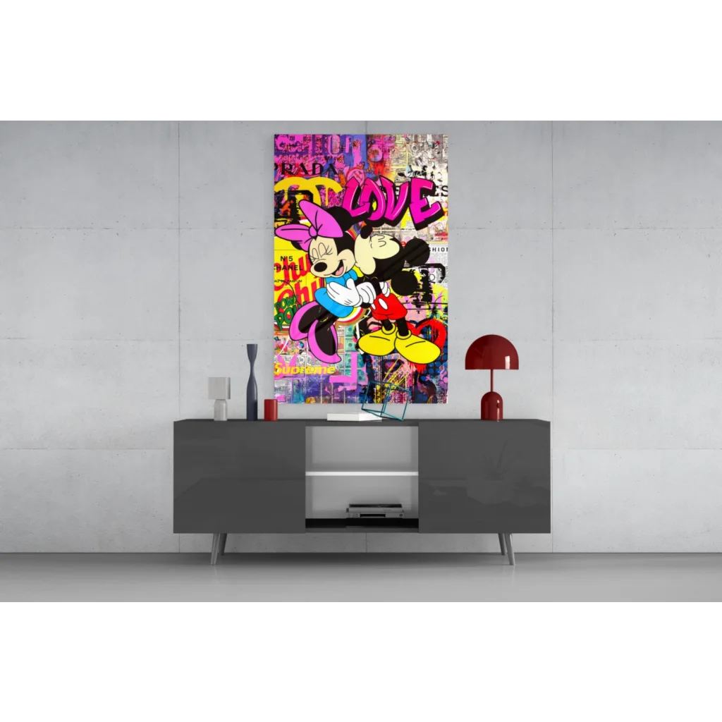Vibrant Mickey and Minnie graffiti love wall art canvas