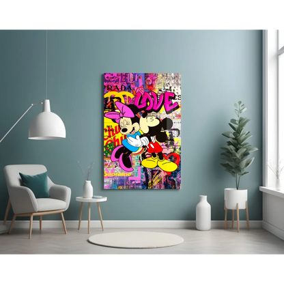 Mickey and Minnie graffiti love wall art canvas in vibrant pink