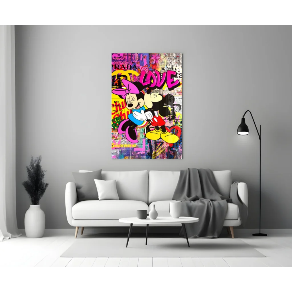 Vibrant Mickey and Minnie graffiti love wall art canvas