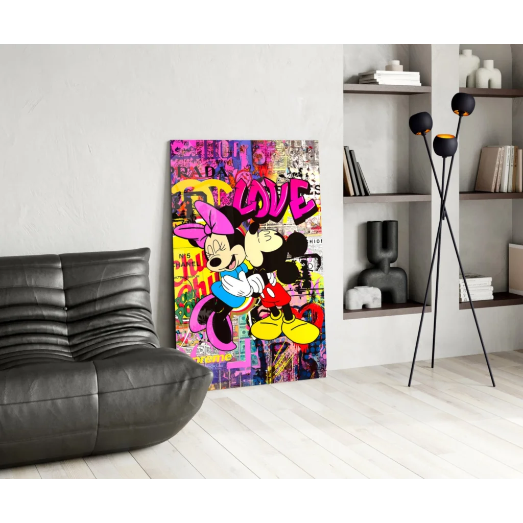 Vibrant Mickey and Minnie graffiti love wall art canvas