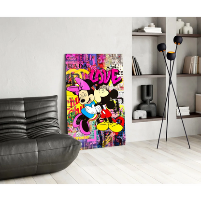 Vibrant Mickey and Minnie graffiti love wall art canvas
