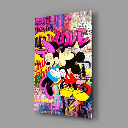 Vibrant Mickey and Minnie graffiti kiss on colorful wall art canvas